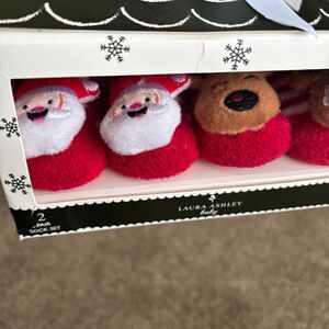 Laura Ashley Baby Reindeer & Santa 2 Pair 0-12 Mos. Infant Christmas Sock Set